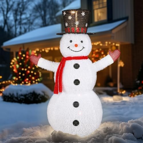Alupssuc 5ft Prelit Pop-Up White Snowman, Large Outdoor Decor Collapsible with Warm-White Lights and Snow Velvet Appearance, Perfect for Outdoor Christmas Decorations Holiday Garden Yard Decor