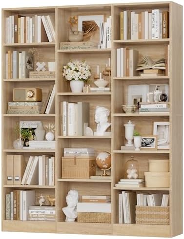 FACBOTALL Triple Wide Bookshelf, 6 Tier Large Bookshelf, Bookcase with 17 Open Display Shelves, 74'' Tall Bookcases and Bookshelves for Living Room, Home Office, Library, Light Oak