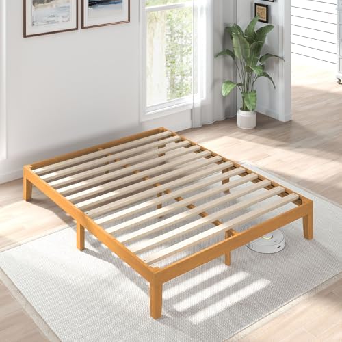 Sweetcrispy Solid Wood Bed Frame, Queen Size Bed Base with Wood Slat Support, Sturdy, Stylish & Noise-Free Design, No Box Spring Needed, Easy Assembly, 12 in Natural Pine