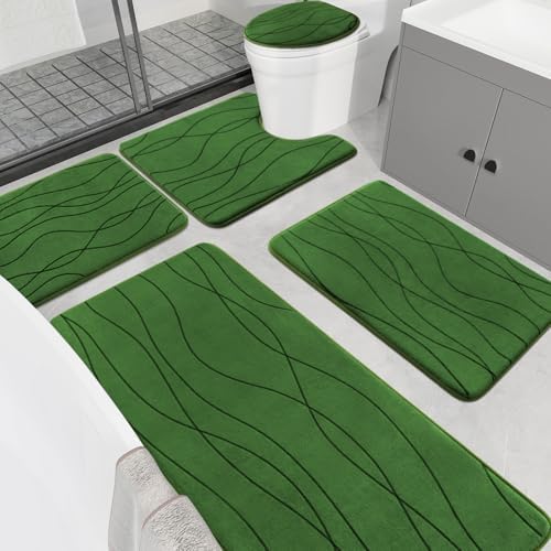 YIHOUSE Memory Foam Bathroom Rug Sets 5 Piece, Ultra Absorbent Bath Mat for Bathroom - Non-Slip Machine Washable & Dry Quickly, 5 Piece Bathroom Mat Set (Glass Green, 5 Pieces)