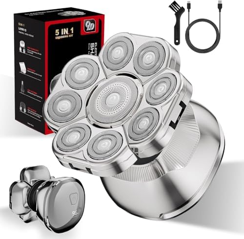 9D Head Shavers for Bald Men, 5 in 1 Cordless Rechargeable Electric Head Shavers for Beard/Nose/Sideburns LED Display Wet/Dry Bald Head Shaver IPX7 Waterproof Mens Grooming Kit