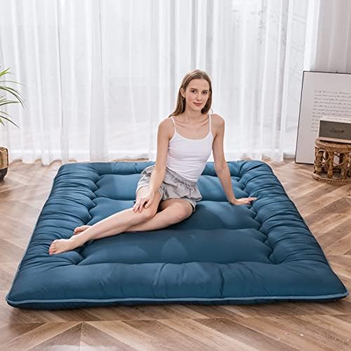 MAXYOYO Japanese Floor Mattress Futon Mattress, Thicken Sleeping Pad Foldable Roll Up Floor Futon for Adults Tatami Mat Dormitory Bed Lounger, Bluestone, Queen Size