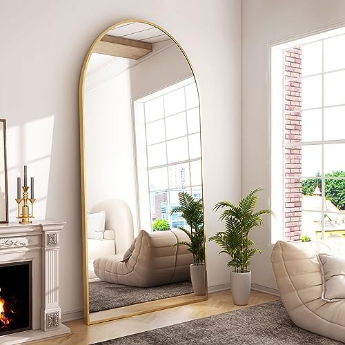 GLSLAND-34x76 inch Wall Mount Arched Full Length Mirror-Aluminum Alloy Frame High Definition-Full Body Mirror for Bedroom or Living Room,Gold