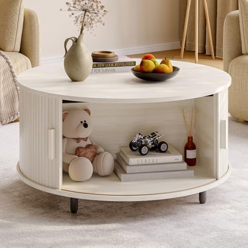 ONBRILL Round Coffee Table with Storage, 31.5" Modern Coffee Table with 360° Curved Sliding Door, Fluted Wood Coffee Table with Adjustable Footpads, Round Center Table for Living Room, Natural White