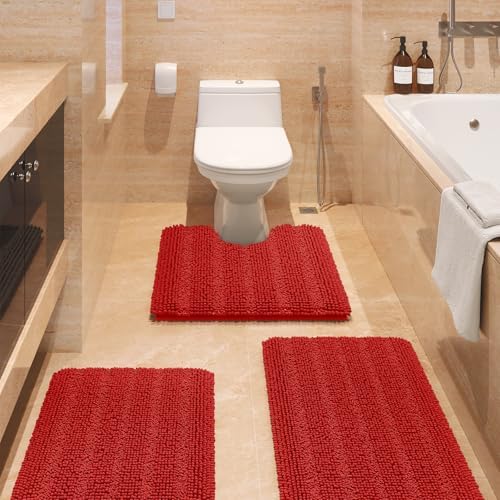 ACCUMTEK Striped Red Ultra Soft Bathroom Rugs and Mats Set 3 Pieces Rug Set, Thick Chenille Bath Rugs Non Slip Bath Mats for Bathroom, Toilet, Bedroom, Kitchen, Burgundy