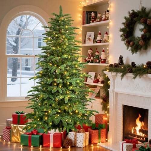 Alupssuc 6.5ft Prelit Artificial Hinged Upgraded Layered Christmas Tree with Remote, 380 Pre-Lit Multi-Color RGB Lights and 1045 PE & PVC Branch Tips, Perfect Choice for Xmas Decoration, 6.5 FT