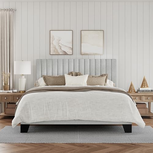 Queen Size Bed Frame, Fabric Upholstered Platform Bed with Adjustable Headboard, Sturdy Frame and Wooden Slats, Noiseless, No Box Spring Required, Easy to Assemble, Light Grey