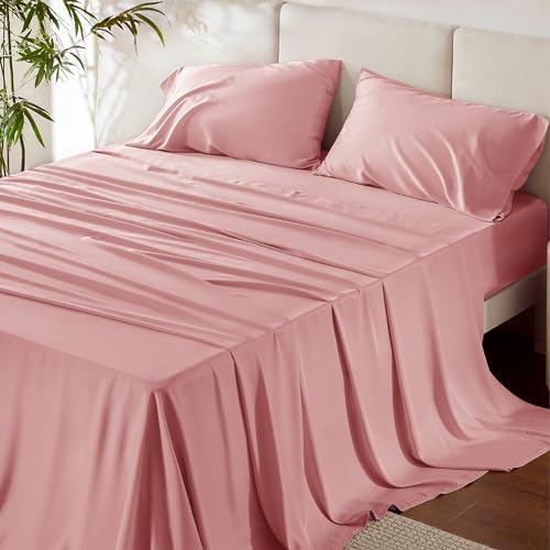 Bedsure Queen Sheet Set, Cooling Sheets for Queen Size Bed Set, Rayon Derived from Bamboo, Breathable & Soft Deep Pocket Up to 16 Inches, Hotel Luxury Silky Bedding, Bedsheet & Pillowcases, Blush Pink