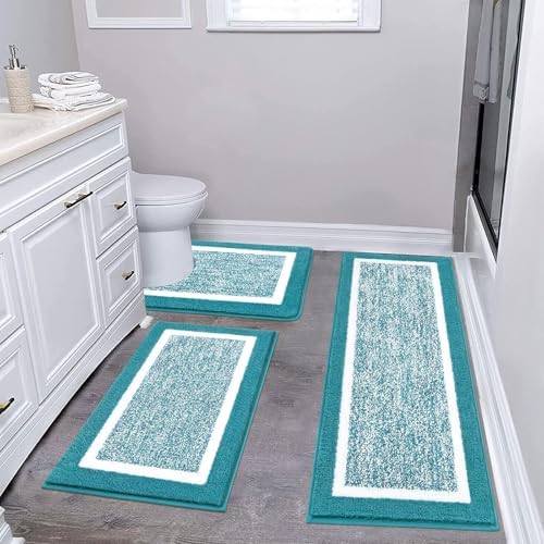 Pauwer 3 Piece Bath Mat Set, Non Slip Plush Bathroom Mats, Absorbent Shaggy Bathroom Rug Set with U-Shaped Contour Toilet Mat for Bedroom Living Room, Aqua Blue