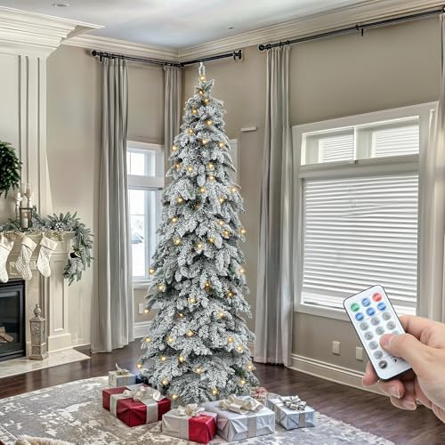 YITAHOME Pre-Lit Flocked Drooping Pencil Spruce Christmas Tree with Pine Cone, 9ft Natural Layered Spruce Christmas Tree w/Remote Control, 1642 Branch Tips and 480 Lights for Home, Office, Decoration
