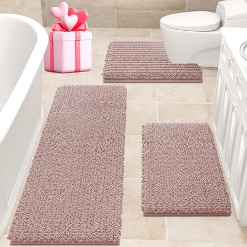 ACCUMTEK Upgrade Extra Large Dusty Pink Bathroom Rug Set 3 Pieces Ultra Soft, Thick Absorbent Bath Mats, Non Slip Chenille Toilet Mat for Bathroom, Bedroom, Kitchen