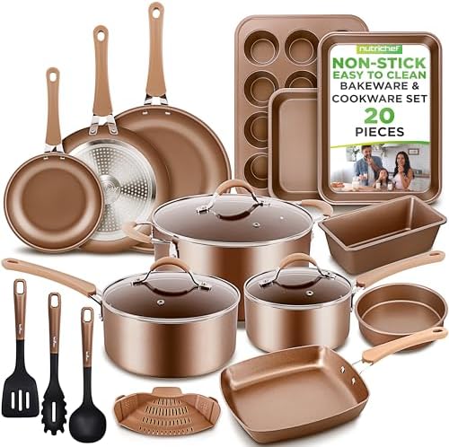 Nutrichef 20 Piece Professional Home Kitchen Cookware and Bakeware, Pots and Pans Set Non Stick Kitchenware, Cool-Touch Handles, Non Toxic, Safe for Gas, Electric, Induction Cooktops, Easy Clean