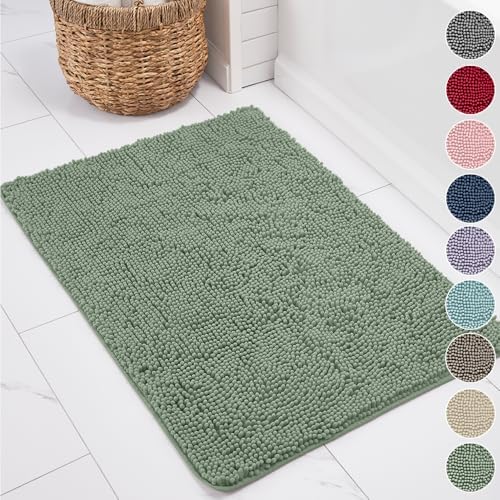 KANGAROO Bathroom Rugs, Chenille Soft Absorbent Bath Rug, Shaggy Shower Mat, Quick Dry Machine Wash Bathmat, Plush Carpet Mats for Tub, Bathtub and Room Home Decor Accessories, 24x17, Sage