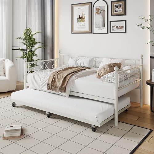 IDEALHOUSE Twin Daybed with Trundle, Metal Trundle Bed, Sofa Bed Frame, Heavy Duty Metal Slats, for Living Room, Bedroom, Guest Room, Space Saving, Modern White