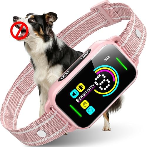 DINJOO Dog Bark Collar for Large Medium Small Dogs,Smart Bark Collar,Rechargeable Anti Barking Training Collar with 8 Adjustable Sensitivity,Bark Collar with Beep (Pink)
