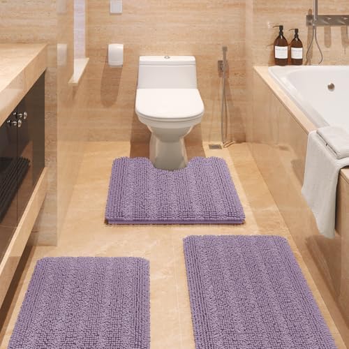 ACCUMTEK Striped Lavender Bathroom Rug Set 3 Pieces Ultra Soft, Non Slip Chenille Toilet Mat, Absorbent Plush Shaggy Bath Mats for Bathroom, Bedroom, Kitchen, Mauve