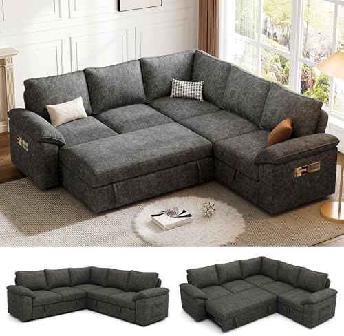 85 Inch Modular Sectional Sofa with Pull Out Bed,L Shaped 5 Seat Sectional Sleeper Sofa with Storage,Sectional Couches for Living Room,Cloud Modular Couch,Removable Sofa Cover,Dark Grey