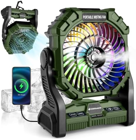 Odoland Portable Camping Fan with Spray, 250mL Water Tank, 20000mAh Rechargeable Battery Operated Tent Fan with Hook and Light, Outdoor Cooling for Patios, Beach, RV, Car, and Summer Use
