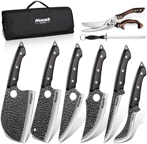 Huusk Serbian Chef Knife Set - 6Pcs Hand Forged Butcher Knife Set for Meat Cutting, Viking Boning Knives with Bag for Kitchen Outdoor BBQ Camping, Birthday Gift Idea Men