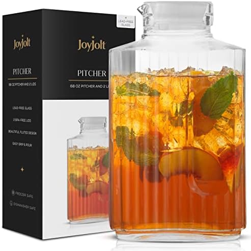 68oz Glass Pitcher with Lid (2 Lids), Rectangle Beverage Serveware and Storage Container for Cold Drinks and Liquids, Water Containers, 2 Quart Pitcher with Lid for Kool Aid and Lemonade