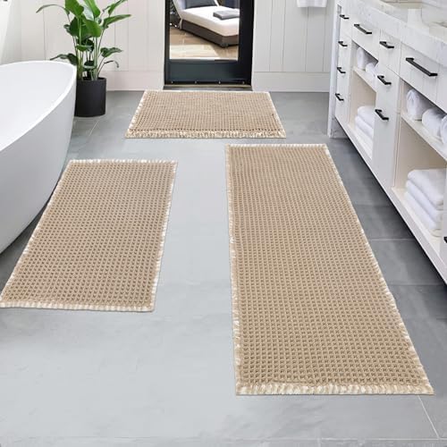 Pauwer 3 Piece Waffle Bath Mat Set - Non Slip, Soft Absorbent Bathroom Rugs for Floor, Tub, Shower - Machine Washable, Khaki