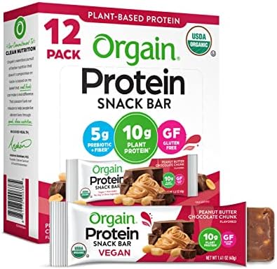 Orgain Organic Vegan Protein Bars, Peanut Butter Chocolate Chunk - 10g Plant Based Protein, Low Calorie Healthy Snacks, No Lactose or Soy Ingredients, Gluten Free, Non-GMO - 1.41 Oz (Pack of 12)
