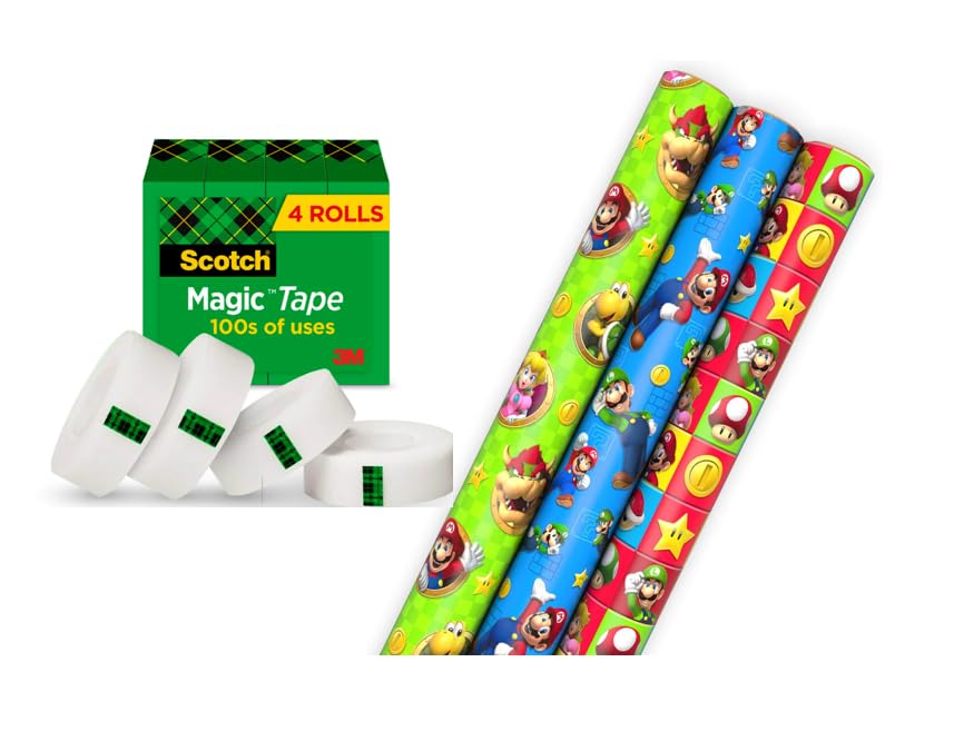 Scotch Magic Tape and Hallmark Nintendo Super Mario Wrapping Paper Rolls (4 Rolls of Tape with Set of 3 Gift Wrap Rolls) for Birthdays, Christmas, Any Occasion