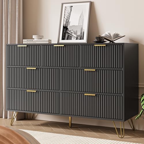 Black Dresser for Bedroom, 7 Drawer Dresser with Gold Pulls, Wide Chest of Drawers for Bedroom, Entryway, 47.2" L x 15.7" D x 31.4" H