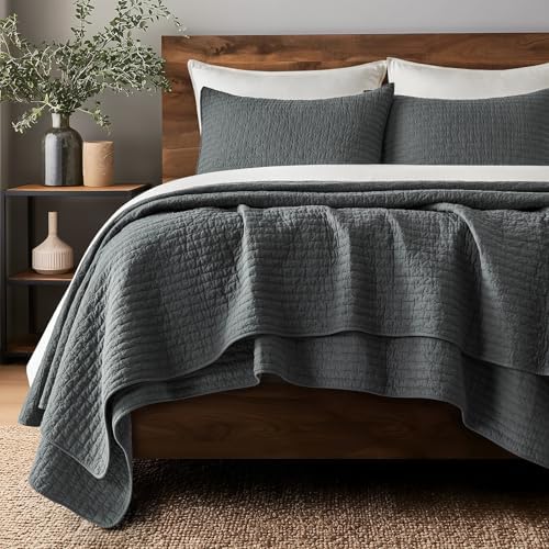 EVERGRACE Cross Stitch Pre-Washed Cotton Quilt Bedding Set King Size, Oversized 3 Pieces Lightweight Bedspread Coverlet for All Season, with 2 Matching Shams, Charcoal, 108"x96"