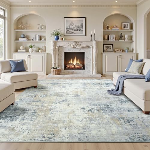 8x10 Washable Area Rug, Abstract Large Living Room Rug Non-Slip, Indoor Modern Low-Pile Accent Carpet for Bedroom Nursery Dining Room, Blue/Beige