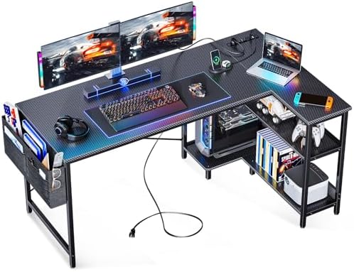 ODK 55 Inch L Shaped Gaming Computer Desk with Power Outlets, Corner Desk with Reversible Storage Shelves & PC Stand for Small Space, Modern Simple Home Office Table, Carbon Fiber Surface, Black