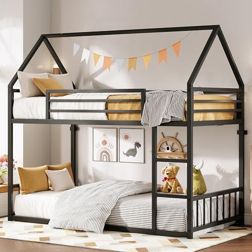 LIKIMIO Bunk Bed Twin XL Over Twin XL, Metal Bunk Bed Frame with Ladder and Guardrail, House Shaped with Metal Slats for Dormitory and Bedroom, Space Saving, No Box Spring Needed, Black
