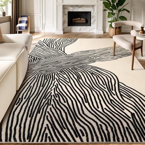 YIHOUSE 6×9 Ft Washable Rug, Black and White Abstract Rug for Bedroom, Living Room, Dining Room, Office, Playroom, Nursery, Nonslip Thin Modern Large Rugs Soft Abstract Contemporary Striped Rugs