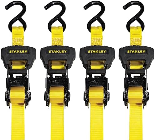 Stanley S1006 Black/Yellow 1" x 14' Ratchet Tie Down Straps - Medium Cargo Securing (3,000 lbs Break Strength), 4 Pack