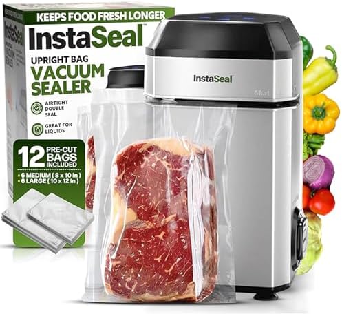 InstaSeal Vacuum Sealer for Food with 12 Bags, Compact Upright Design Allows Machine to Seal Marinades, Soups, Meats for Sous Vide Cooking, Vegetables, Double Heated Seal Keeps Food Fresher Longer