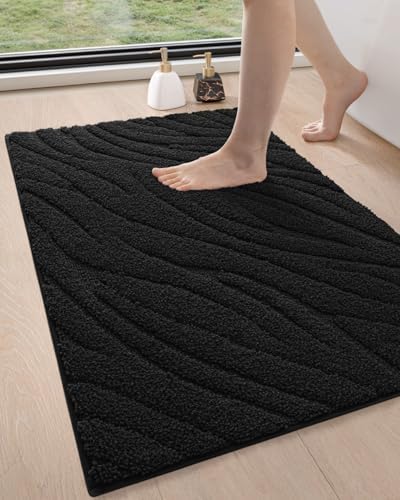 DEXI Bathroom Rugs 17x30, Extra Soft Absorbent Bath Mat, Non Slip Bathmat for Bathroom Floor, Machine Washable Rugs for Shower Floor, Black
