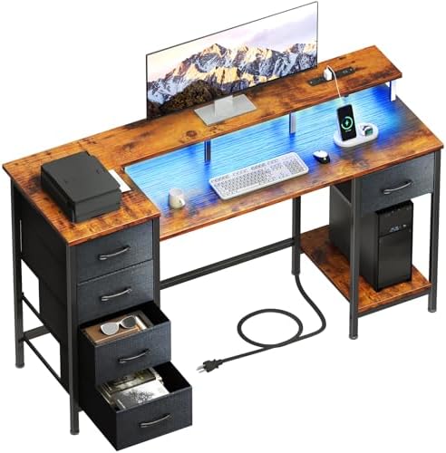 47 Inch Computer Gaming Desk with Power Outlets LED Lights Reversible Home Office with Adjustable Fabric Storage Drawers for Working Writing Study, Rustic Brown