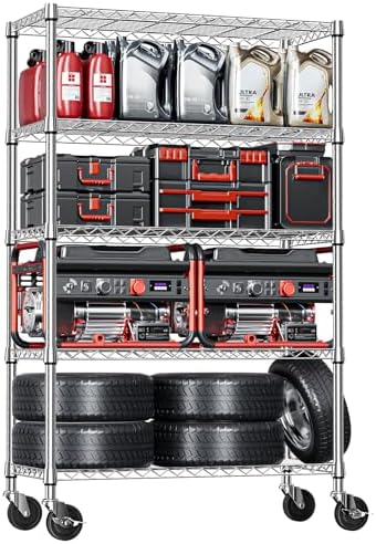 IZEUK 5-Tier Storage Shelving Unit with Wheels, Adjustable Heavy Duty Steel Wire Rack Organizer (Chrome, 17.7" D x 47.2" W x 76.7" H, 1750 lbs Capacity) for Garage, Kitchen, Pantry, Laundry, Basement