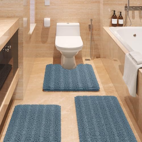 Striped Haze Blue Bathroom Rug Set 3 Pieces Ultra Soft, Non Slip Chenille Bath Carpet, Absorbent Plush Shaggy Bath Mats for Bathroom, Toilet, Bedroom, Stone Blue