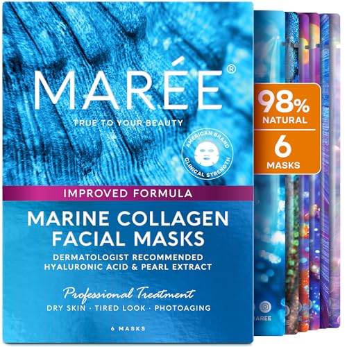 MAREE Collagen Facial Mask with Hyaluronic Acid - Hydrating Face Masks Skincare - Mascarillas Faciales For Women Skin Care - Multicolor, 6 Count