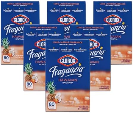 Clorox Fraganzia Dryer Sheets in Hawaiian Escape Scent, 80 Count 6Pack WrinkleReducing Fabric Softener Sheets Best Laundry Dryer Sheets with LongLasting Tropical Scent (Pack of 6, 480 Count Total)