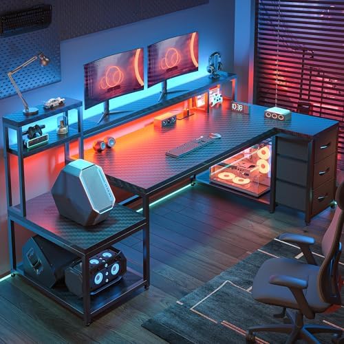 71" L Shaped Gaming Desk with 3 Drawers & Hutch, Reversible Corner Computer Desk with Monitor Stand & Power Outlet, Home Office Desk with LED Light,Printer Shelf,Storage Shelves,Black Carbon Fiber