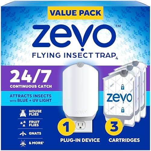 Zevo Flying Insect Trap for Indoors: Light Trap Captures Fruit Flies, Gnats and Houseflies, Starter Kit + Refills (1 Plug-in Base + 3 Cartridges)