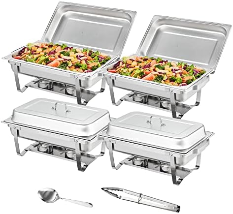VEVOR Chafing Dish Buffet Set, 8 Qt 4 Pack, Stainless Chafer w/ 4 Full Size Pans, Rectangle Catering Warmer Server w/Lid Water Pan Folding Stand Fuel Tray Holder Spoon Clip, at Least 8 People Each