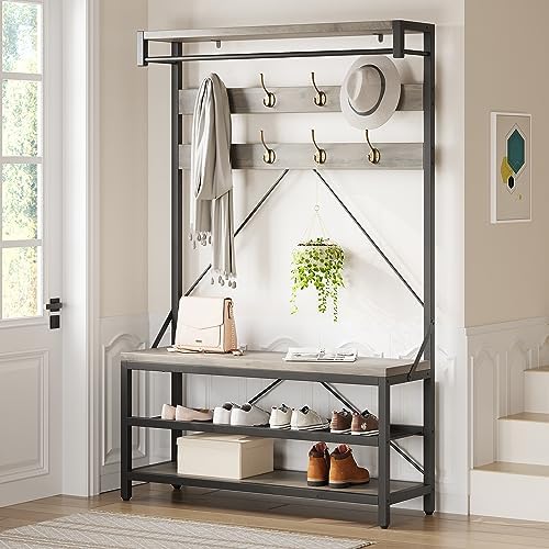 IDEALHOUSE Coat Rack Shoe Bench Industrial Hall Tree Storage Bench for Entryway Wood Look Accent Large Shoe Rack with Storage Shelf Hanging Bar, 8 Hooks Grey 39.9"x15.7"x72"