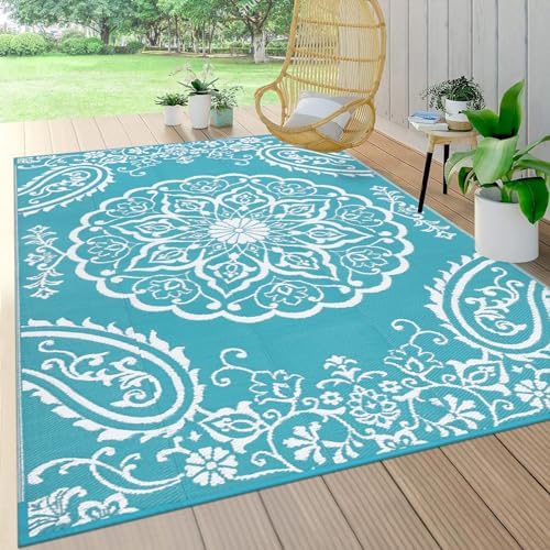 Pauwer Waterproof Outdoor Rug 5x8, Reversible Plastic Straw Patio Camping Rug, Indoor Outdoor RV Mat Carpet for Deck, Camper, Porch, Balcony, Backyard, Picnic, Boho Teal