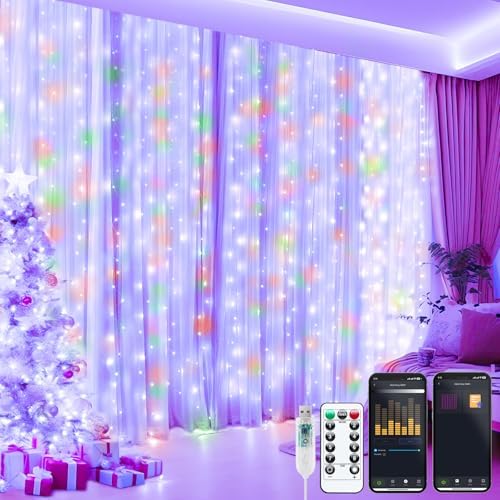 Brightown Smart Curtain String Lights - 9.8ft 300 LED Fairy Lights with APP Remote, 8 Modes, USB Powered Waterproof Christmas Hanging Lights for Bedroom Wedding Party, Multicolor
