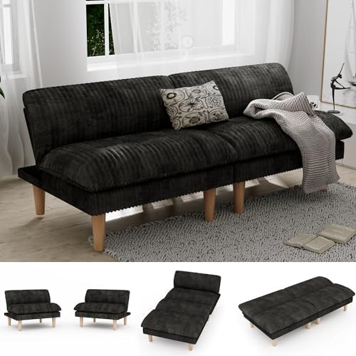 69" Futon Sofa Bed, 4 in 1 Multi-Function Couch Sleeper with Adjustable Backrest, Modern Convertible Futon, Recliner Small Loveseat for Living Room, Dorm, Plush Dark Grey