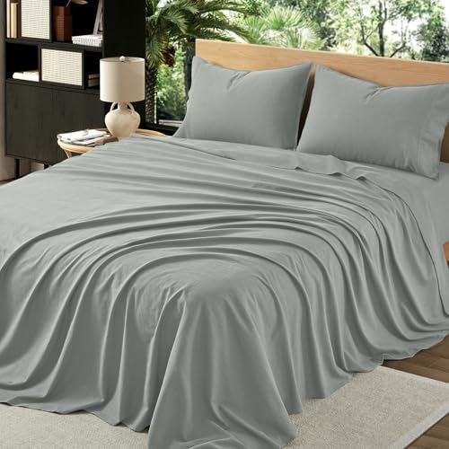 4Pcs Organic Linen Sheets King Size, 100% French Linen from Normandy, Breathable Earl Gray King Sheet Set with 16 Inch Deep Pocket, 1 Flat Sheet, 1 Fitted Sheet, 2 Pillowcases