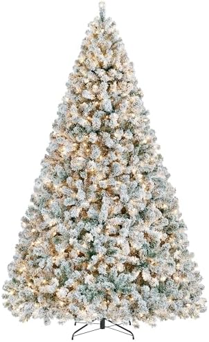 Yaheetech 9ft Pre-lit Artificial Christmas Tree with Incandescent Warm White Lights, Snow Flocked Full Prelighted Xmas Tree W/2084 Branch Tips, 900 Incandescent Lights & Foldable Stand, Green & White